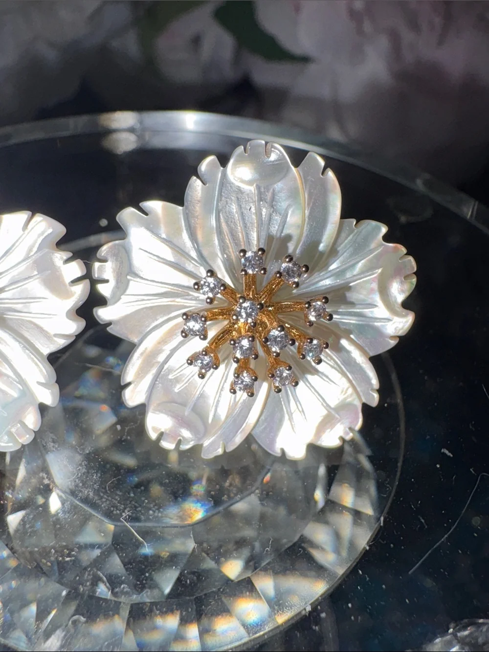 White Iridescent Mother of Pearl Floral Earrings Designer Inspired. Indonesia.